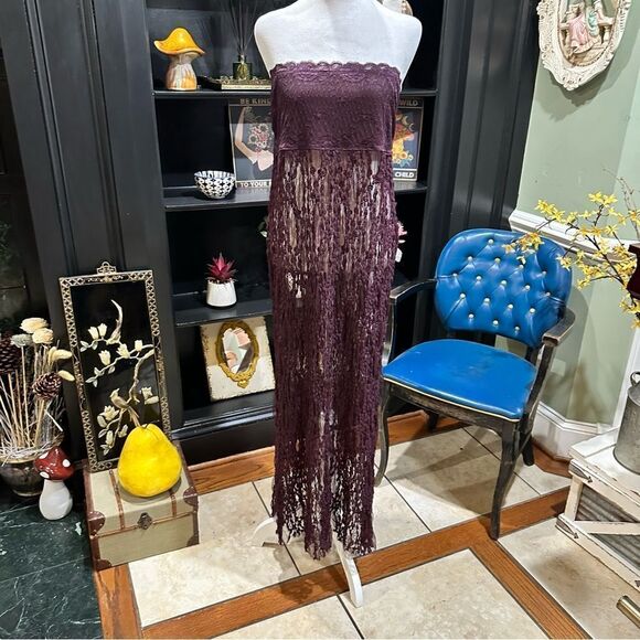 Free People Plum Sugar Tube Lace Floral Mesh Maxi Slip Dress Strapless Large - Picture 1 of 11